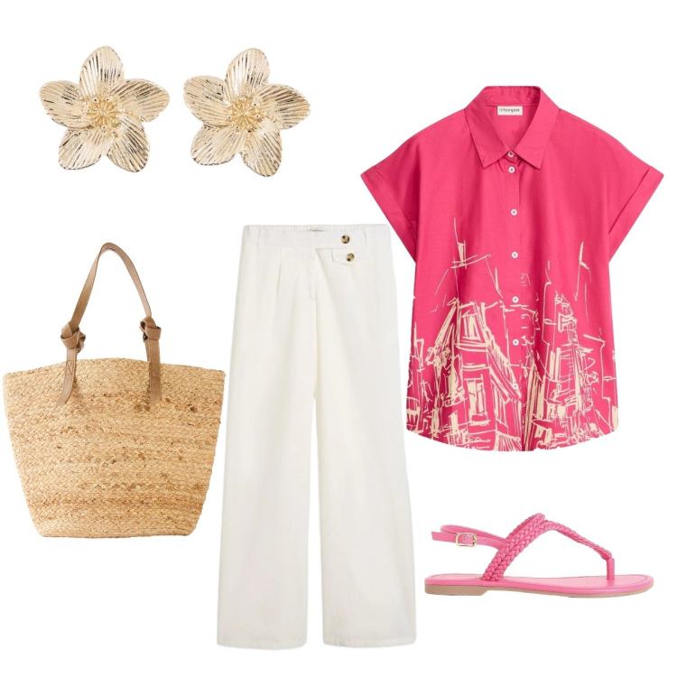 Outfit donna - Cerimonia di fine maggio. Stile Casual chic per Tutti i giorni. Abbinamento con camicie a manica corta, pantaloni, shopping bag, sandali, orecchini.