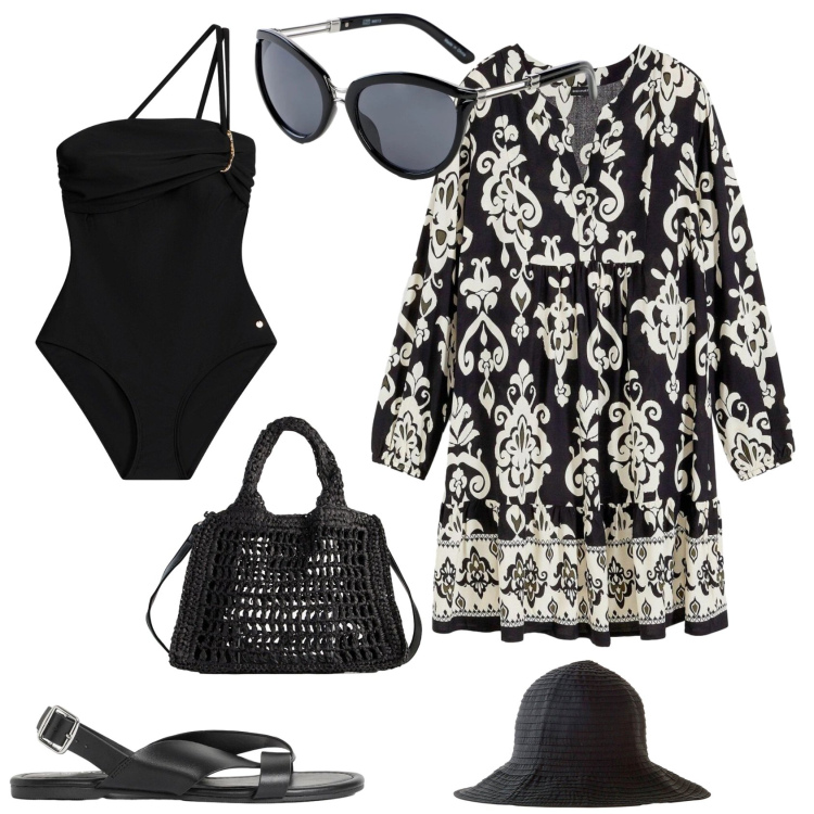 Outfit donna - Boho chic al mare. Stile Boho per Mare. Abbinamento con vestiti, sandali, occhiali da sole, costumi interi, cappelli, borse a tracolla.