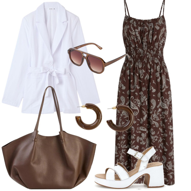 Outfit donna - Total look #2409014. Stile Casual chic per Tutti i giorni. Abbinamento con shopping bag, occhiali da sole, orecchini, vestiti lunghi, blazer, sandali col tacco.