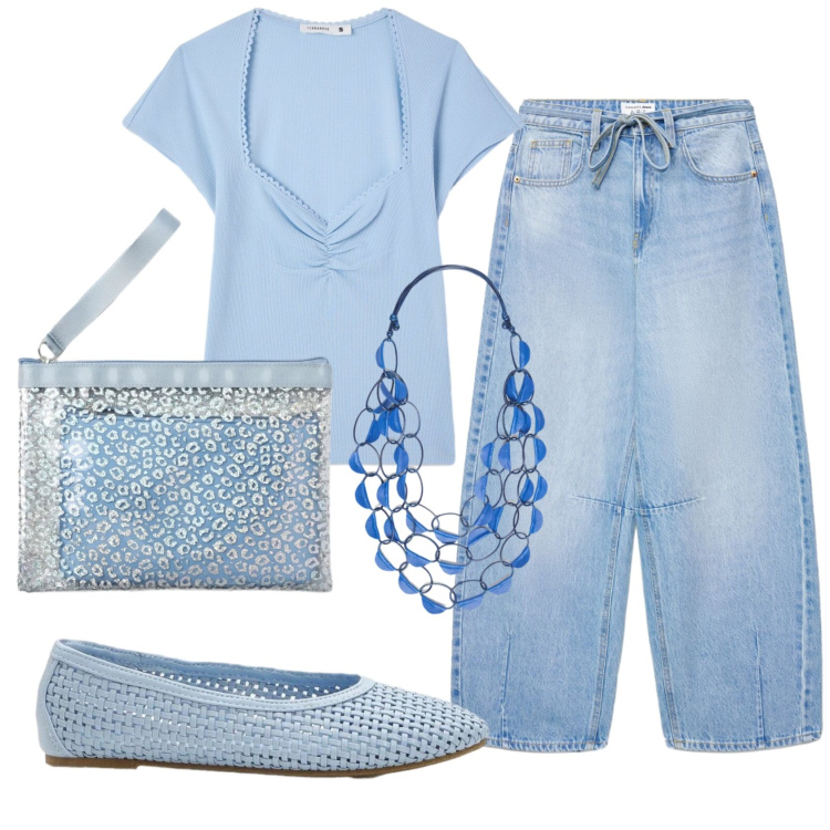 Outfit donna - Total look #2409017. Stile Casual per Tutti i giorni. Abbinamento con ballerine, t-shirt, pochette, jeans, collane.
