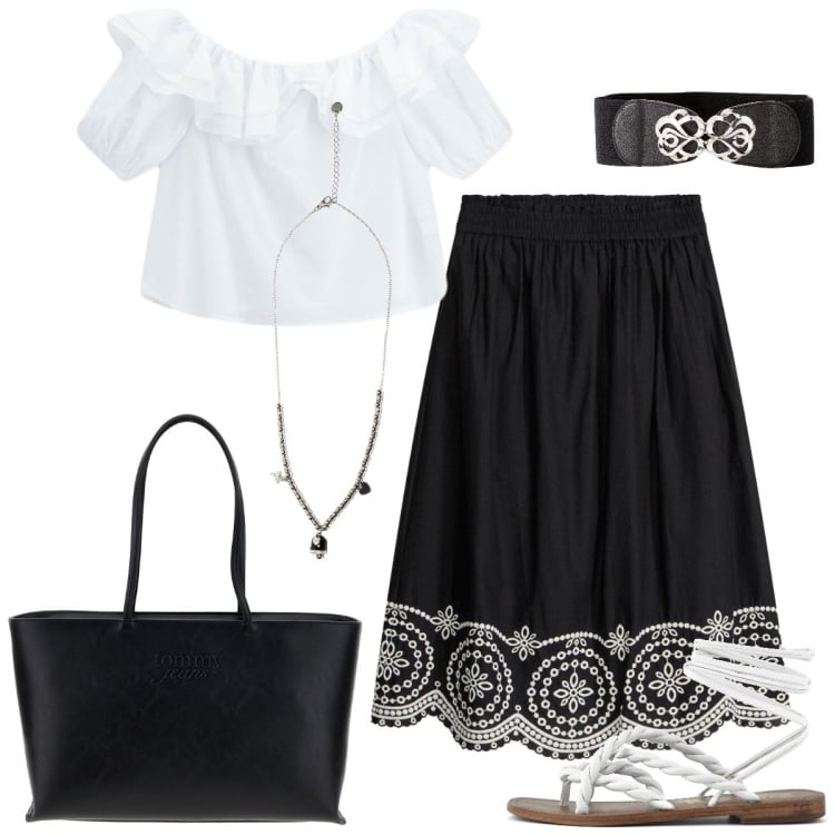 Outfit donna - Total look #2409018. Stile Boho per Tutti i giorni. Abbinamento con gonne longuette, cinture, bluse, ciondoli, borse a spalla, sandali in pelle.