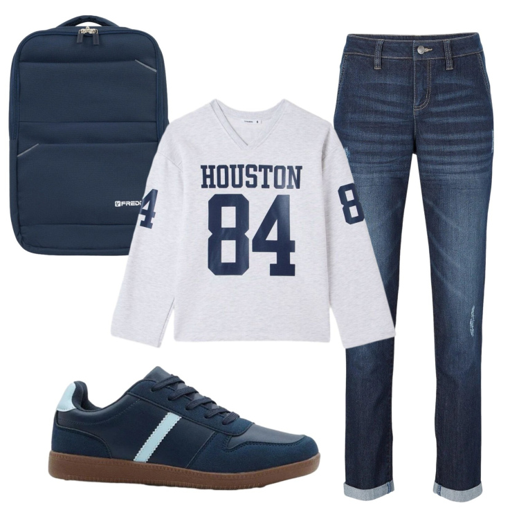 Outfit donna - Total look #2409019. Stile Casual per Tutti i giorni. Abbinamento con jeans boyfriend, sneakers, t-shirt, zaini.