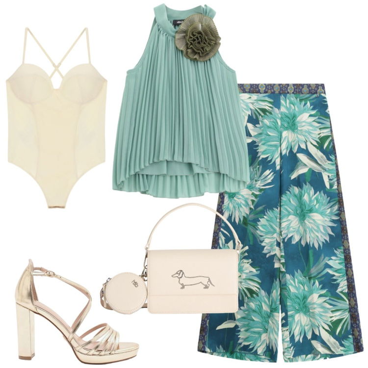 Outfit donna - Total look #2409021. Stile Chic per Serata fuori. Abbinamento con sandali col tacco, body, borse a tracolla, pantaloni a palazzo, top.