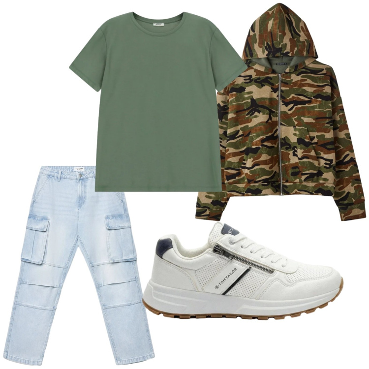Outfit uomo - Felpa camouflage. Stile Casual per Tutti i giorni. Abbinamento con sneakers, felpe con cappuccio, jeans, t-shirt.