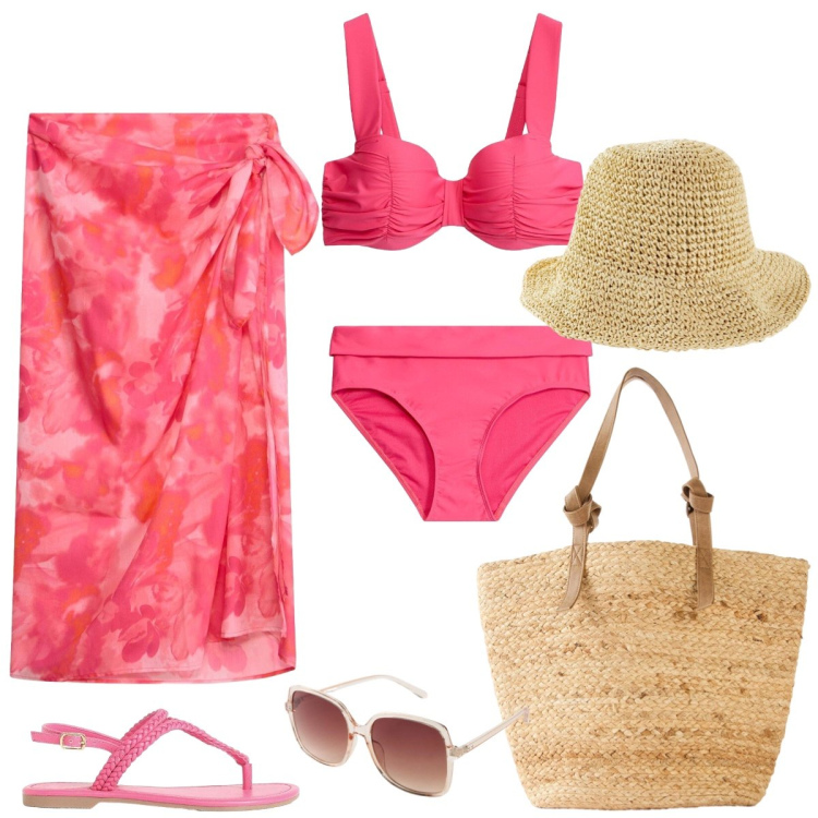 Outfit donna - Total look #2409027. Stile Romantica per Mare. Abbinamento con bikini, vestiti da spiaggia, shopping bag, sandali, cappelli, occhiali da sole.