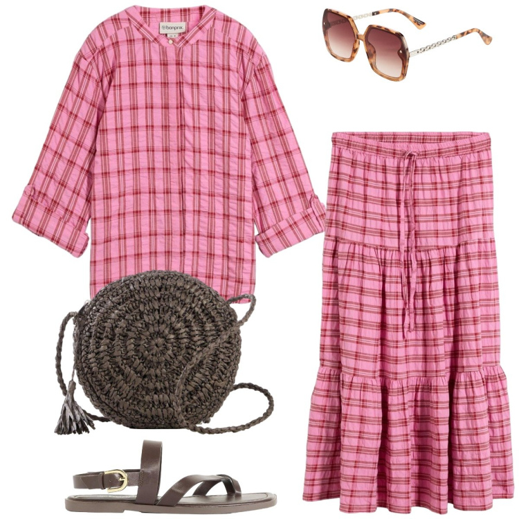 Outfit donna - Total look #2409034. Stile Boho per Tutti i giorni. Abbinamento con gonne longuette, bluse, sandali, occhiali da sole, borse a tracolla.