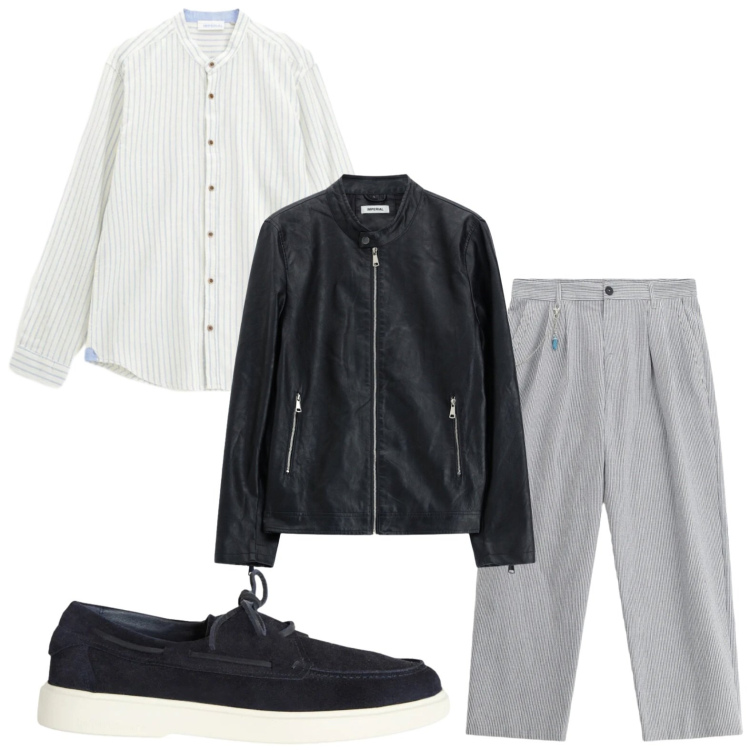 Outfit uomo - Effetto minimal. Stile Trendy per Tutti i giorni. Abbinamento con pantaloni, camicie, giacche, scarpe stringate.