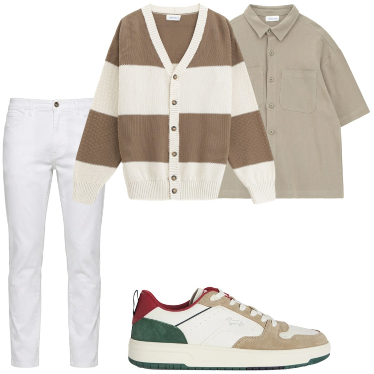 Outfit uomo - Righe classiche. Stile Trendy per Tutti i giorni. Abbinamento con cardigans, camicie a manica corta, sneakers, jeans.