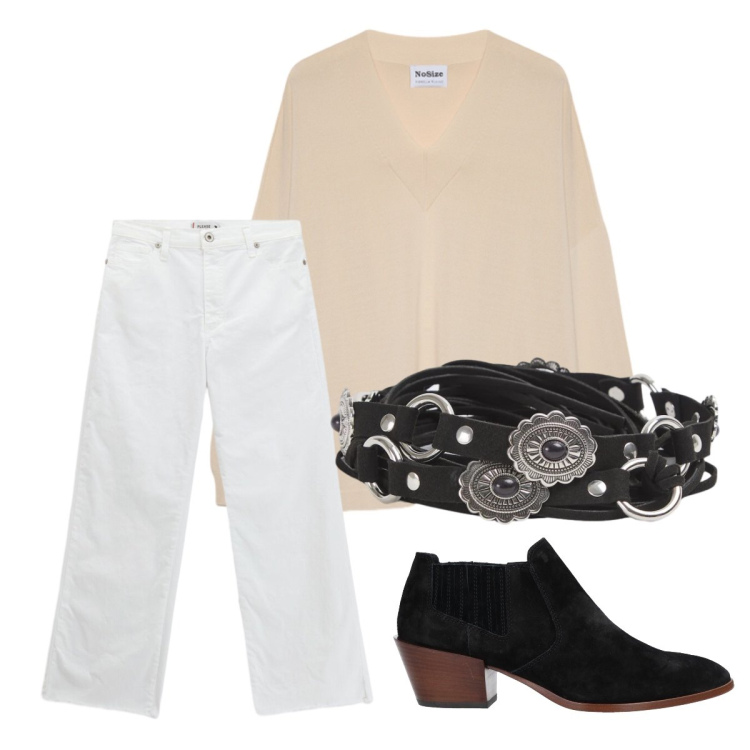 Outfit donna - In città. Stile Basic per Tutti i giorni. Abbinamento con stivaletti, cinture, jeans, pullovers.
