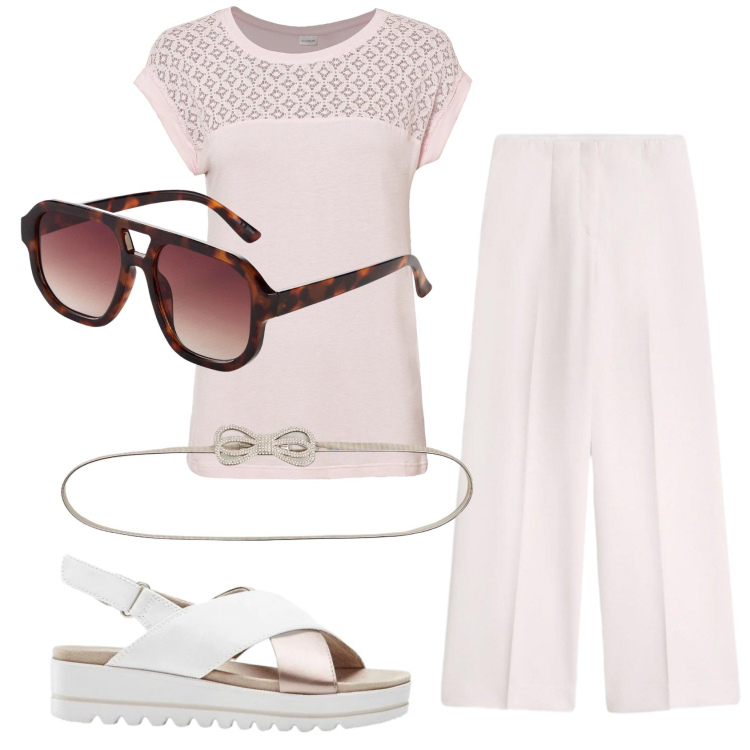 Outfit donna - Total look #2409050. Stile Bon Ton per Ufficio. Abbinamento con maglieria, pantaloni, occhiali da sole, sandali, cinture.