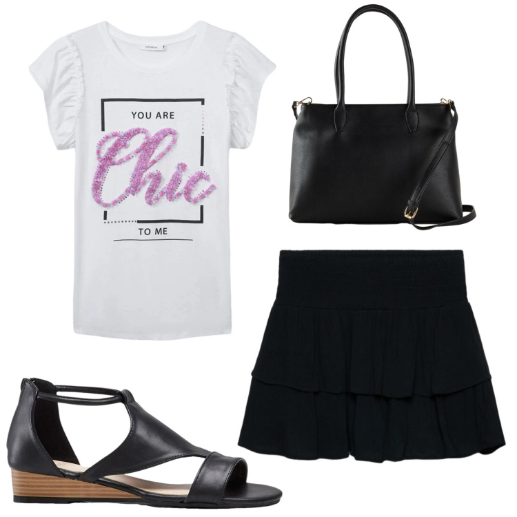 Outfit donna - Total look #2409055. Stile Basic per Tutti i giorni. Abbinamento con sandali, borse a mano, t-shirt, minigonne.