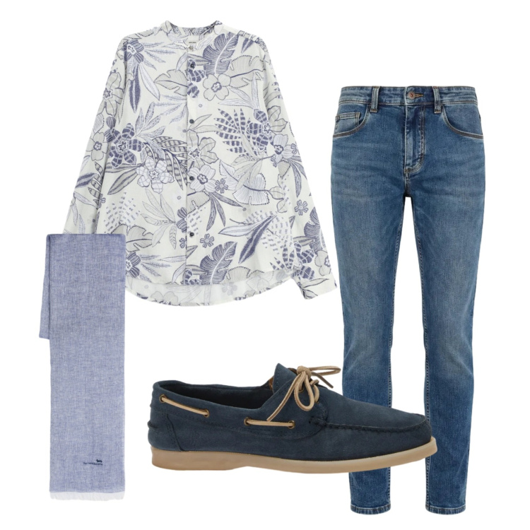 Outfit uomo - Total look #2409058. Stile Casual per Tutti i giorni. Abbinamento con camicie, sciarpe, jeans slim fit, scarpe stringate.