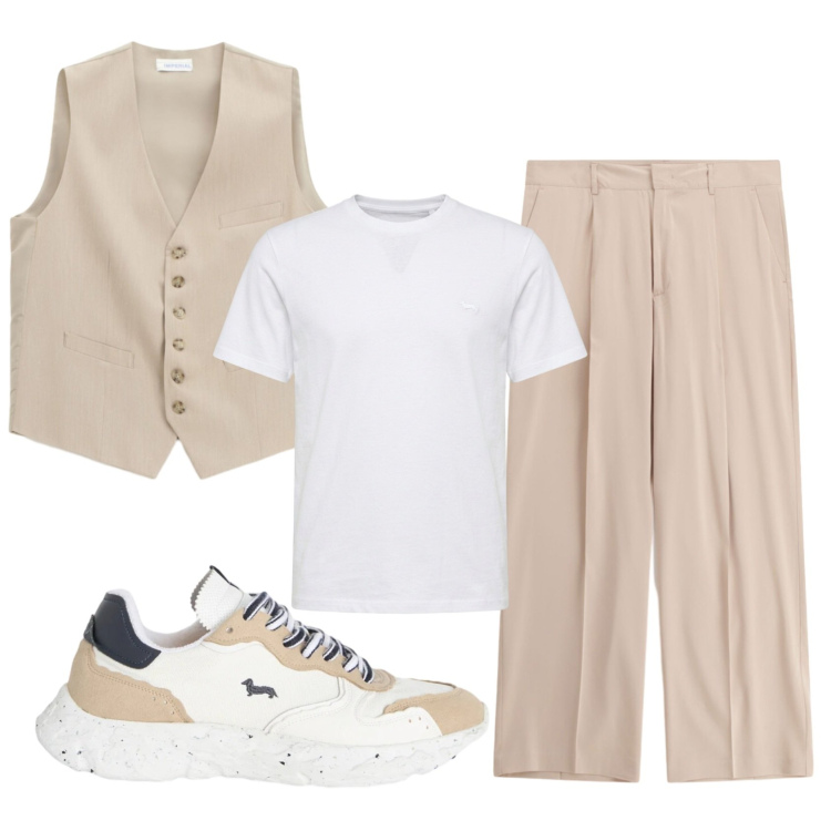 Outfit uomo - Total look #2409062. Stile Trendy per Cerimonia. Abbinamento con sneakers, t-shirt, pantaloni, gilet.