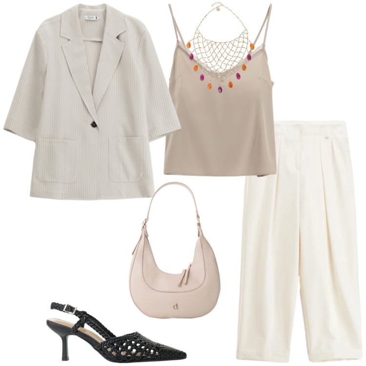 Outfit donna - Gioielli che raccontano di te. Stile Chic per Tutti i giorni. Abbinamento con canottiere, décolleté, blazer, pantaloni, borse a tracolla, collane.
