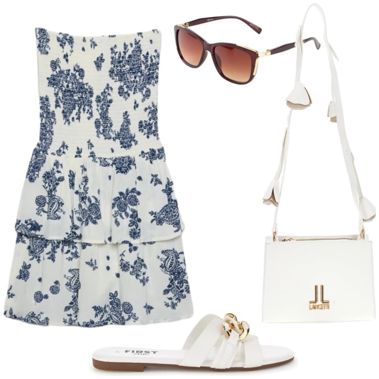 Outfit donna - Mood estivo. Stile Chic per Tutti i giorni. Abbinamento con occhiali da sole, vestiti corti, ciabatte, borse a tracolla.