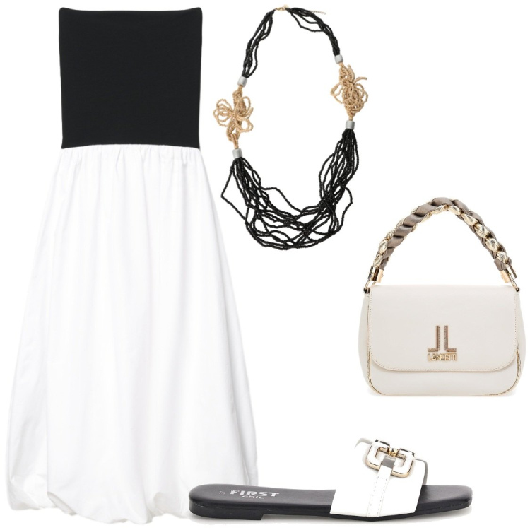 Outfit donna - Apericena. Stile Chic per Serata fuori. Abbinamento con vestiti midi/longuette, collane, borse a tracolla, ciabatte.