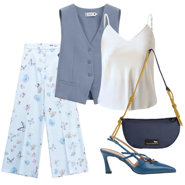 Outfit donna - Una borsa particolare. Stile Chic per Serata fuori. Abbinamento con décolleté, pantaloni a palazzo, top, gilet, borse a tracolla.