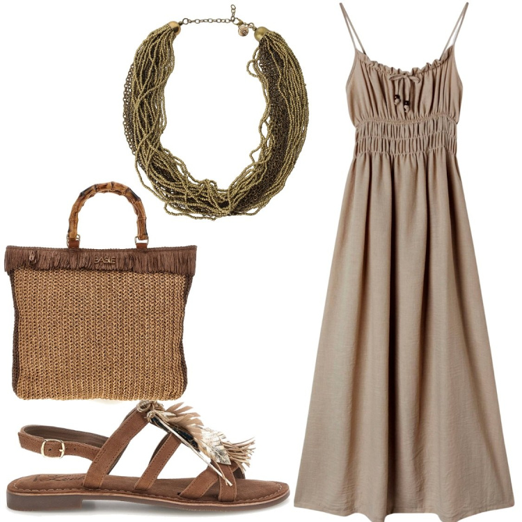 Outfit donna - Apericena. Stile Chic per Serata fuori. Abbinamento con vestiti lunghi, collane, sandali, borse a mano.