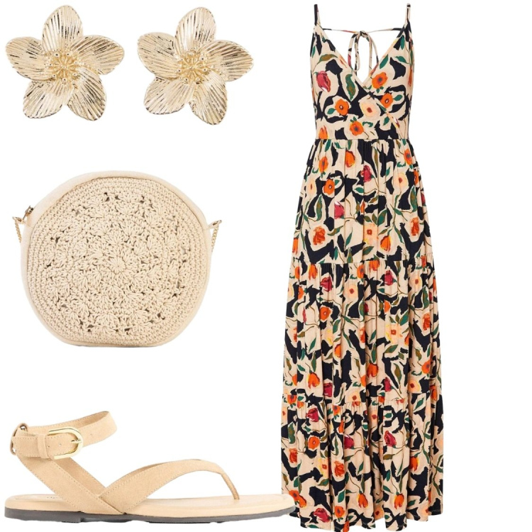 Outfit donna - Stile boho. Stile Boho per Tutti i giorni. Abbinamento con borse a tracolla, sandali, vestiti lunghi, orecchini.