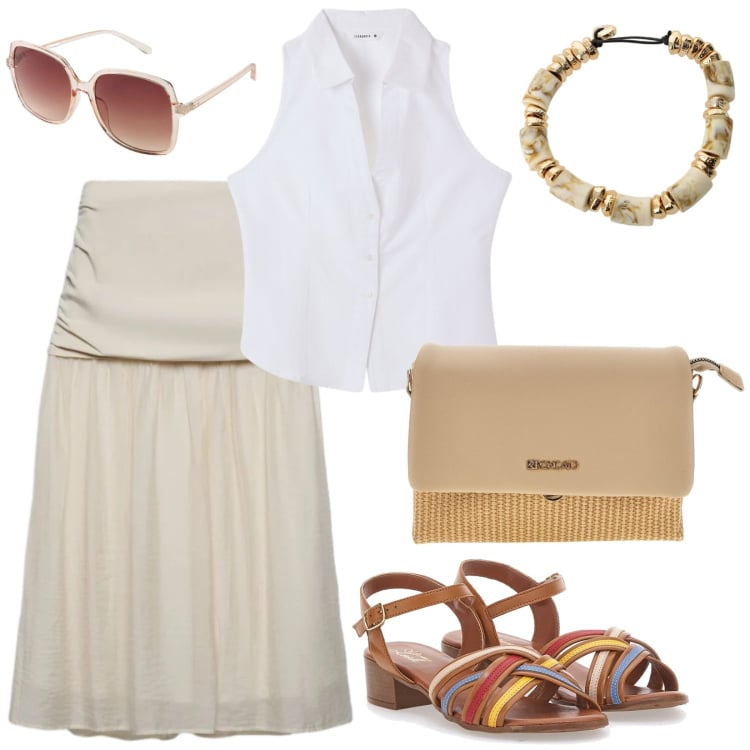 Outfit donna - City summer mood. Stile Urban per Tutti i giorni. Abbinamento con occhiali da sole, gonne longuette, top, braccialetti, sandali col tacco, borse a spalla.