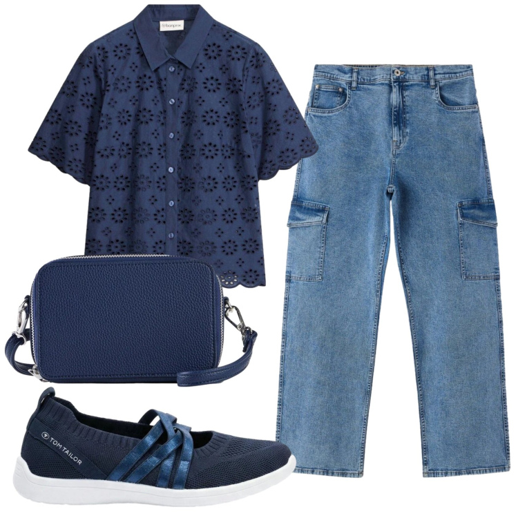Outfit donna - Total look #2409081. Stile Casual per Tutti i giorni. Abbinamento con camicie a manica corta, sneakers, borse a tracolla, jeans dritti.