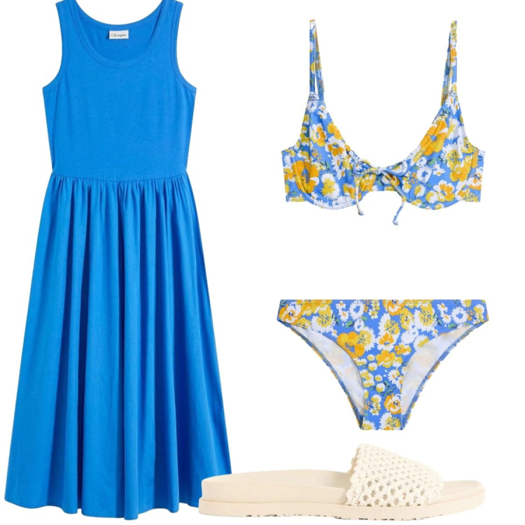 Outfit donna - Energia estiva. Stile Chic per Mare. Abbinamento con bikini, ciabatte, bikini, vestiti.