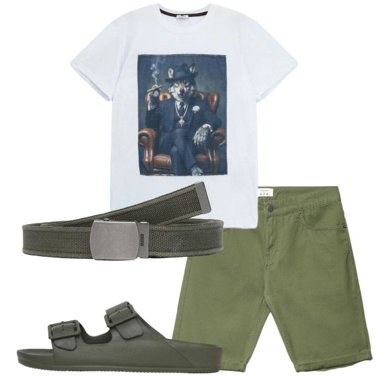 Outfit uomo - Bermuda di sera. Stile Trendy per Serata speciale. Abbinamento con cinture, bermuda, sandali, t-shirt.