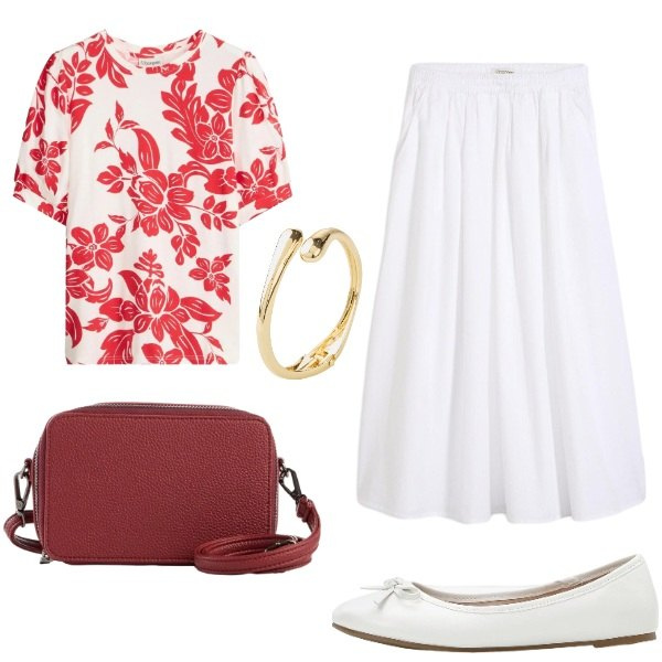 Outfit donna - Giornata bollente in città. Stile Bon Ton per Ufficio. Abbinamento con gonne longuette, t-shirt, ballerine, braccialetti, borse a tracolla.