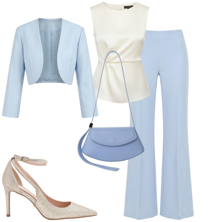 Outfit donna - Cerimonia. Stile Chic per Cerimonia. Abbinamento con borse a spalla, bluse, décolleté, bolero, pantaloni a palazzo.