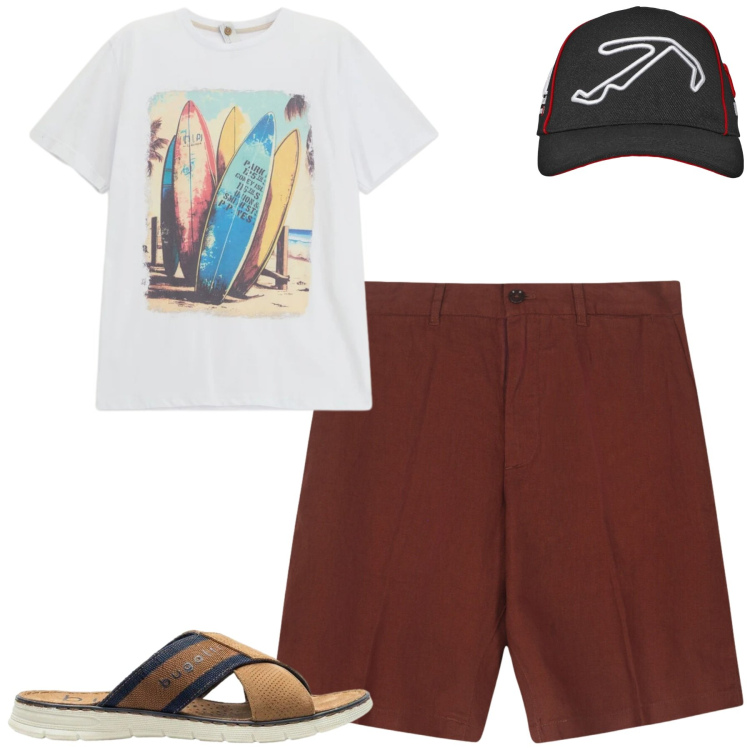 Outfit uomo - Relax. Stile Casual per Tutti i giorni. Abbinamento con sandali, cappelli con visiera, t-shirt, bermuda.