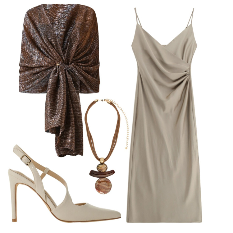 Outfit donna - Total look #2409095. Stile Chic per Cerimonia. Abbinamento con stole, vestiti midi/longuette, décolleté, ciondoli.