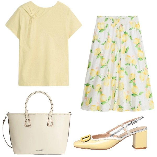 Outfit donna - Profumo di Sorrento. Stile Bon Ton per Ufficio. Abbinamento con décolleté, maglieria, gonne longuette, shopping bag.