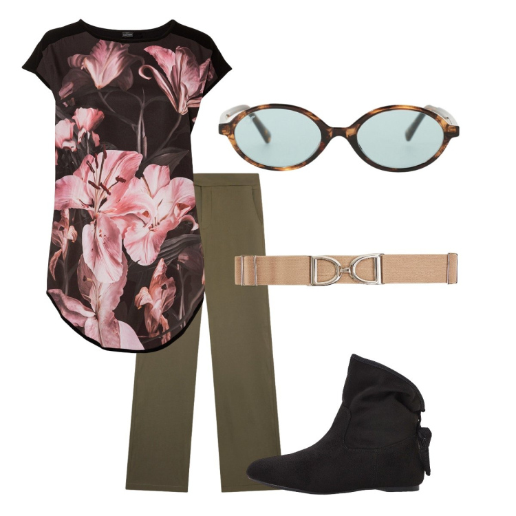 Outfit donna - Fiori e fiocchi. Stile Romantica per Ufficio. Abbinamento con maglieria, stivaletti, pantaloni, cinture, occhiali da sole.
