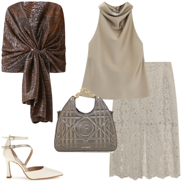 Outfit donna - City Summer Mood. Stile Glamour per Serata fuori. Abbinamento con top, gonne longuette, stole, borse a mano, décolleté.