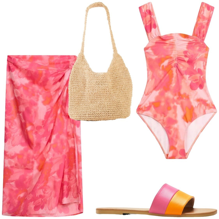 Outfit donna - W L\'estate. Stile Chic per Mare. Abbinamento con costumi interi, vestiti da spiaggia, ciabatte, shopping bag.