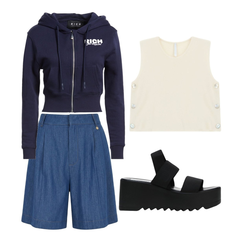 Outfit donna - sportiva estiva. Stile Sporty chic per Sport. Abbinamento con felpe con cappuccio, sandali col tacco, bermuda, top.