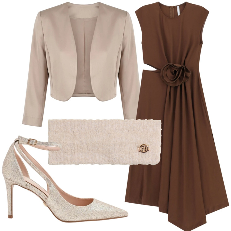 Outfit donna - Total look #2409104. Stile Chic per Cerimonia. Abbinamento con décolleté, blazer, vestiti midi/longuette, fasce per capelli.