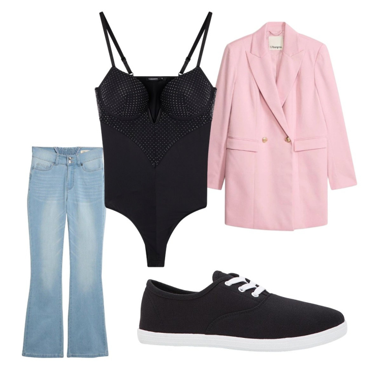 Outfit donna - Stasera dopo il lavoro. Stile Sporty chic per Serata fuori. Abbinamento con jeans bootcut, sneakers, blazer, body.