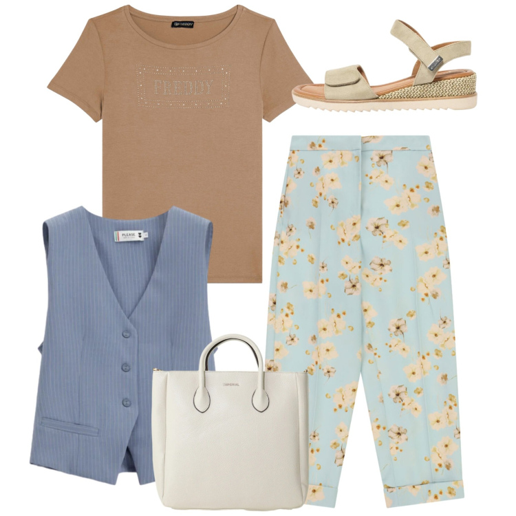Outfit donna - Stampe che raccontano - Focus Donna Curv. Stile Casual per Tutti i giorni. Abbinamento con sandali, pantaloni, borse a tracolla, gilet, t-shirt.