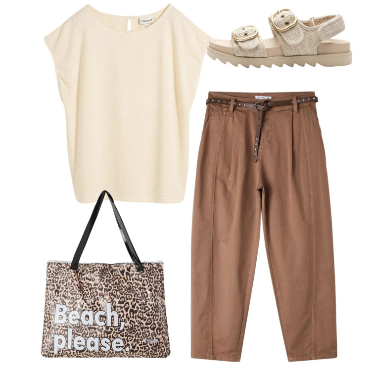 Outfit donna - Look da giornata all’aperto - Focus Donn. Stile Casual per Tutti i giorni. Abbinamento con sandali, maglieria, borse tote, pantaloni.