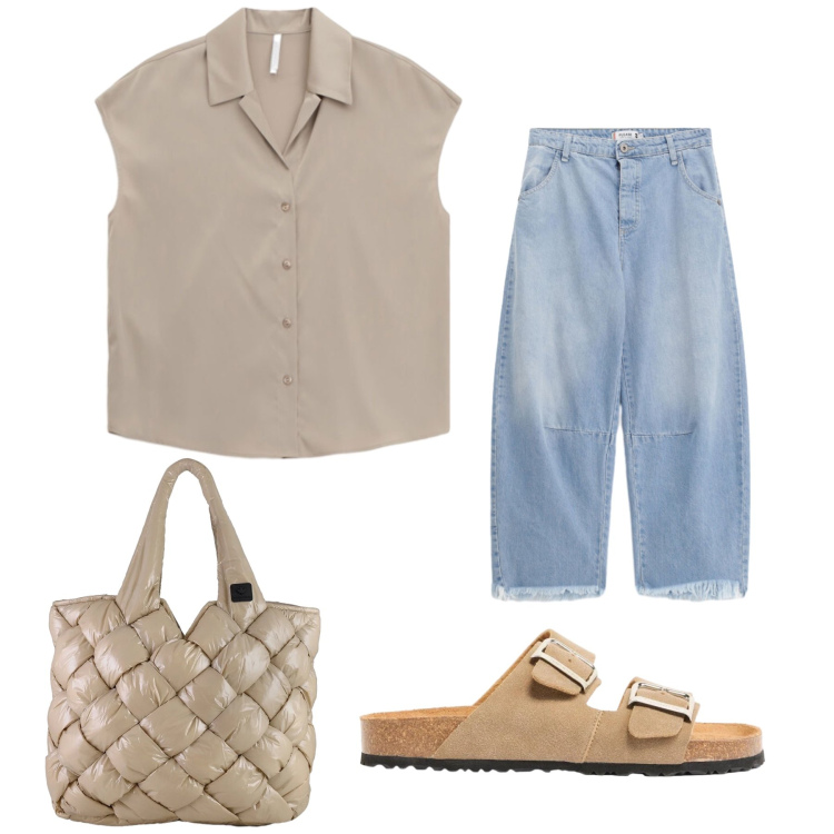 Outfit donna - Relax day. Stile Casual Abbinamento con ciabatte, camicie a manica corta, jeans, borse tote.