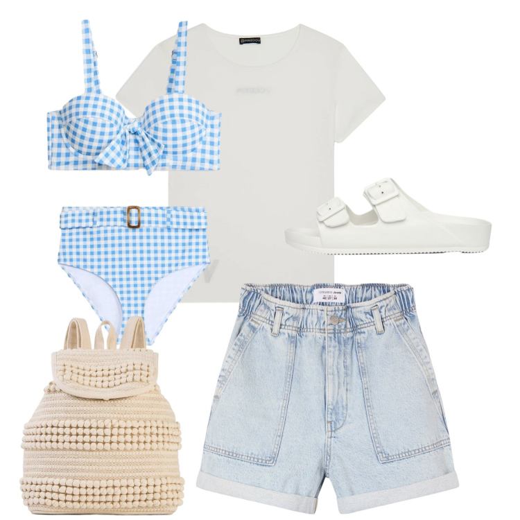 Outfit donna - Look da giornata all’aperto - Focus Donn. Stile Bon Ton per Mare. Abbinamento con bikini, zaini, shorts, ciabatte, t-shirt.