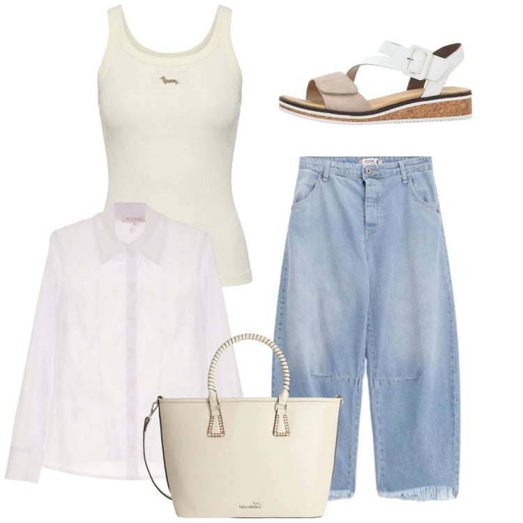 Outfit donna - Look da giornata all’aperto - Focus Donn. Stile Casual per Tutti i giorni. Abbinamento con sandali, shopping bag, canottiere, jeans, camicie.