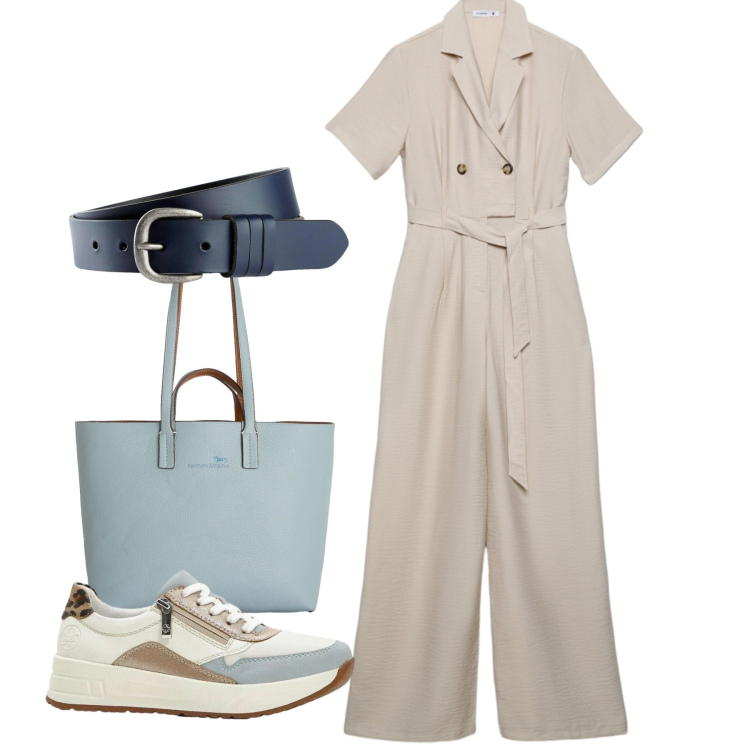 Outfit donna - Look da giornata all’aperto - Focus Donn. Stile Basic per Tutti i giorni. Abbinamento con sneakers, cinture, tute, shopping bag.