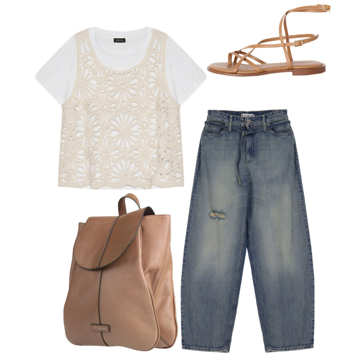 Outfit donna - Look da giornata all’aperto - Focus Donn. Stile Casual chic per Tutti i giorni. Abbinamento con zaini, sandali in pelle, jeans, t-shirt.