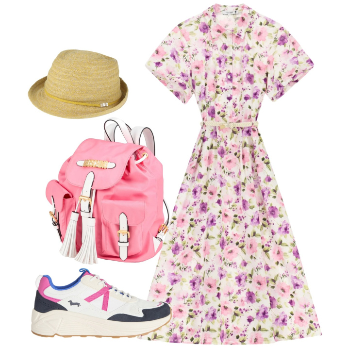 Outfit donna - Look da giornata all’aperto - Focus Donn. Stile Romantica per Tutti i giorni. Abbinamento con zaini, cappelli, sneakers, vestiti midi/longuette.