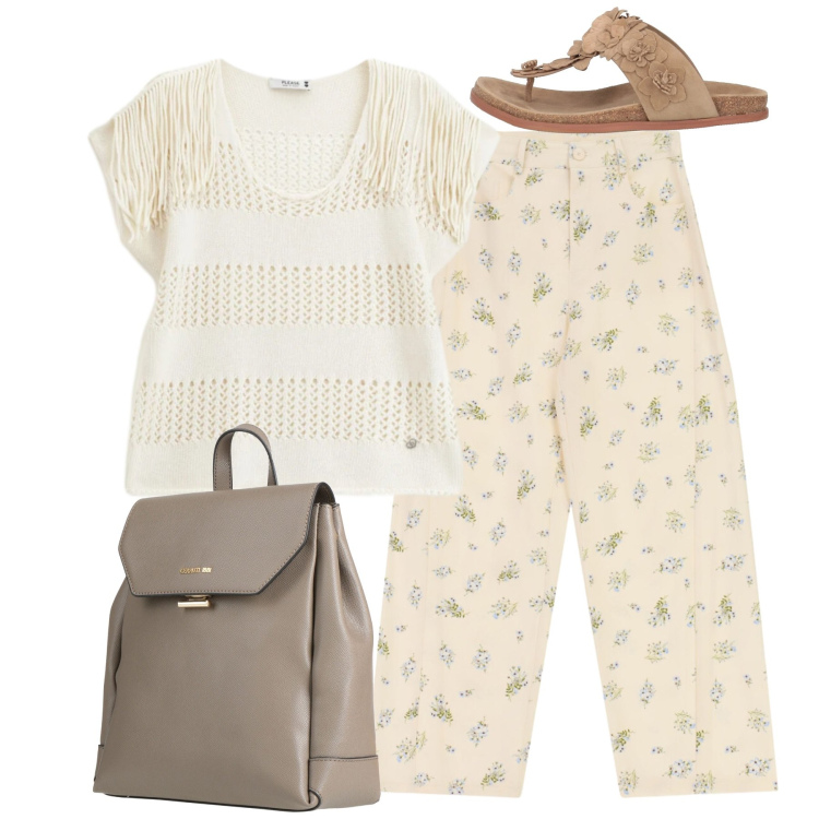 Outfit donna - Look da giornata all’aperto - Focus Donn. Stile Romantica per Tutti i giorni. Abbinamento con zaini, infradito, pantaloni a palazzo, top.