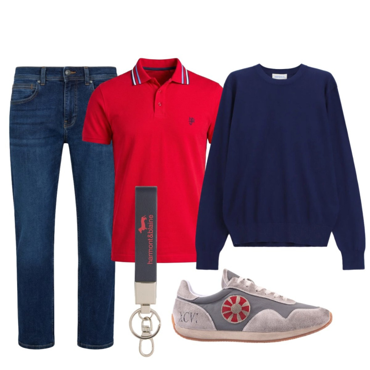 Outfit uomo - Casual…classico. Stile Casual per Tutti i giorni. Abbinamento con maglieria, portachiavi, jeans dritti, polo, sneakers.