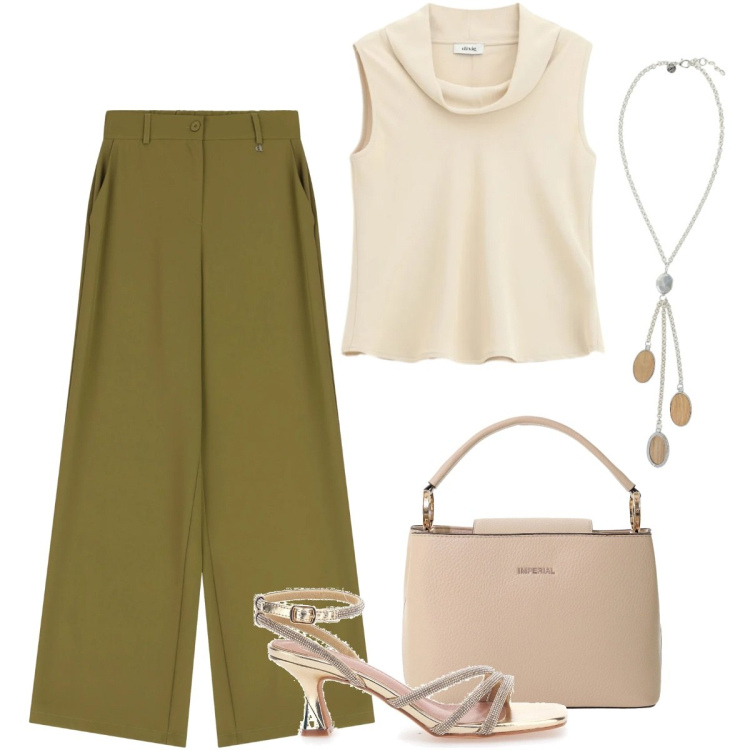 Outfit donna - City Summer Mood. Stile Casual chic per Ufficio. Abbinamento con borse a secchiello, pantaloni a palazzo, top, collane, sandali col tacco.
