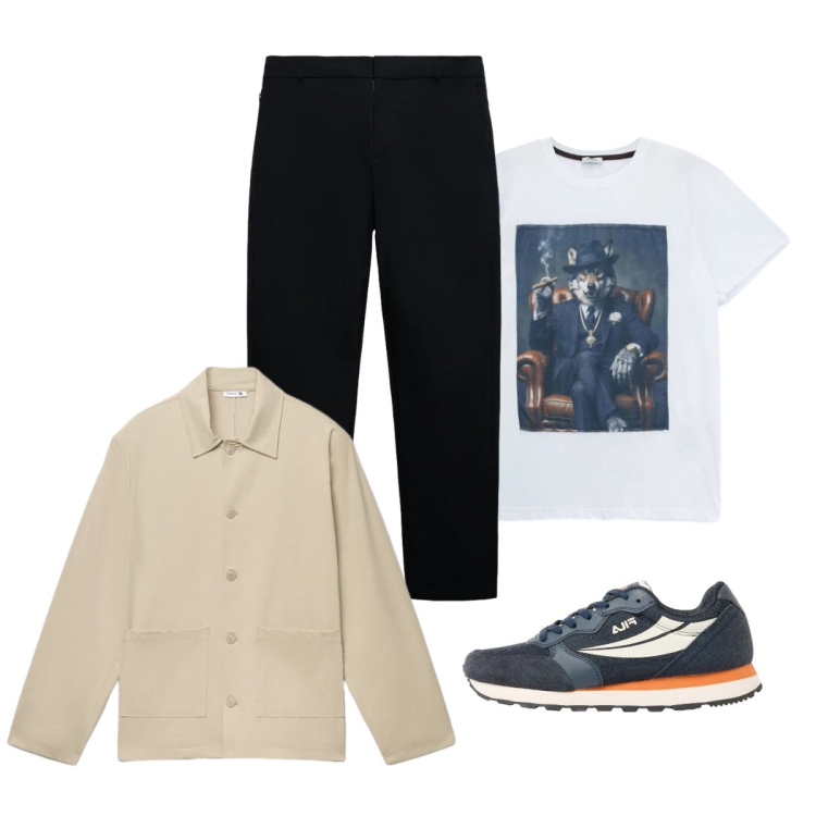 Outfit uomo - Per tutto il giorno. Stile Casual per Tutti i giorni. Abbinamento con sneakers, cappotti, pantaloni chino, t-shirt.